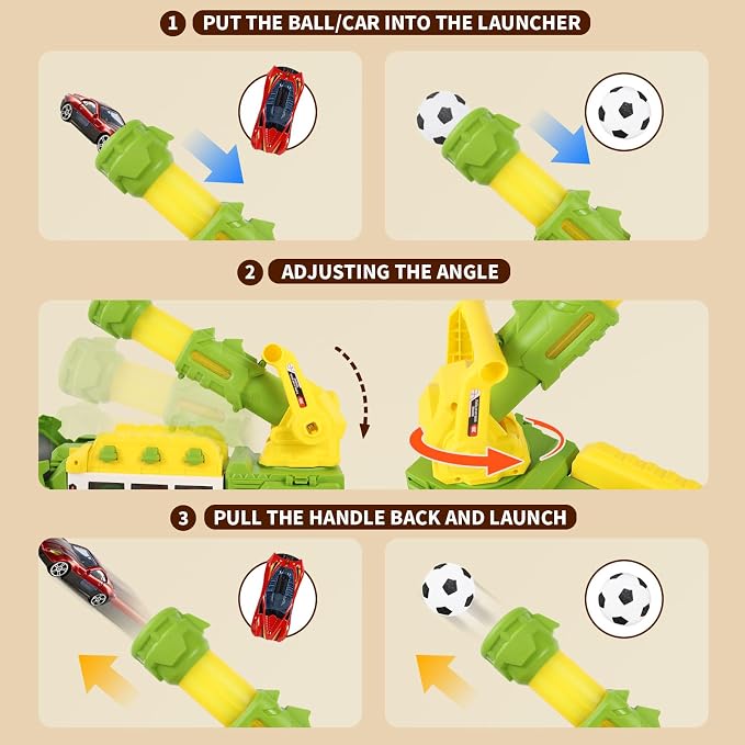 STBEIMEIMY Triceratops Truck Toy, Ejection Shooting Game with Storage & 10 Cars Dinosaur Shooting Truck with Foldable Pod, 10 Mini Cars & 12 Soft Balls, Develops Motor Skills & Coordination
