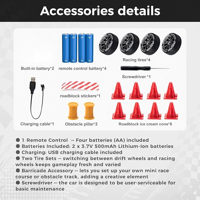 RC Drift Car, 1/24 Remote Control Drift Car for Adults Kids, 4WD 20KM/H High Speed Widebody Design Grey RC Sports Cars with LED Lights, Extra Tires, Vehicle for Boys Beginner Indoors Outdoors
