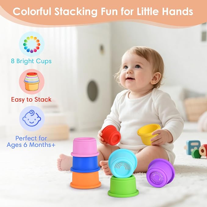 ZYFLSQ Stacking Cups Baby Toy 8 Pcs, Nesting Cups for Babies 6 Months+, Bath Toys with Pattern for Kids, Montessori Educational Toys for Toddler