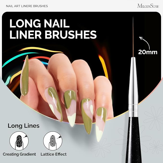 MelodySusie Nail Art Liner Brushes 5Pcs Professional Gel Polish Painting Art Design Pen Set for Thin Long Lines, Tiny Details, Fine Drawing, Delicate Coloring Sizes 5/7/9/11/20mm
