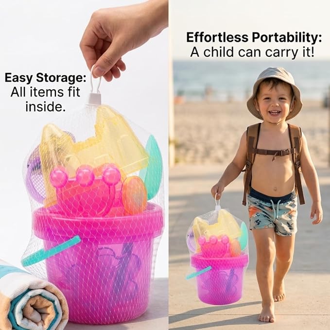 LotFancy 10PCS Sand Toys for Toddlers 1-3 3-5, Pink Beach Toys Set for Girls 18M+, Translucent Sand Castle Molds, Bucket, Sifter, Shovels & Watering Can, Durable Sandbox Toys for Kids