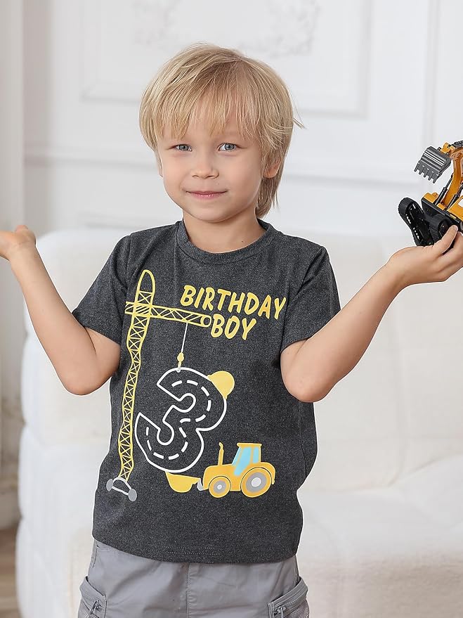 Lovekider 2-5 Years Birthday Boy Shirt Construction Party T-Shirts Excavator Cotton Short Sleeve Tee Dark Grey