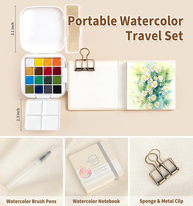 Mini Watercolor Paint Set, All in One Portable Art Kit with 16 Colors, Palette, Crossbody Bag, Sketchbook, Clip and Brush, Travel Watercolor Set for Beginners Artists Outdoor Painting