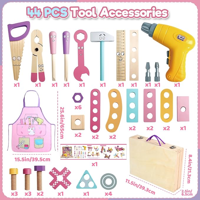 TONZE Wooden Kids Tool Set with Drill 44Pcs Montessori Toys for 3 Year Old Girl, Educational STEM Toys Toddler Tool Set with Apron & Box Birthday Gifts for 3 4 5 6 Year Old Girls (Pink)