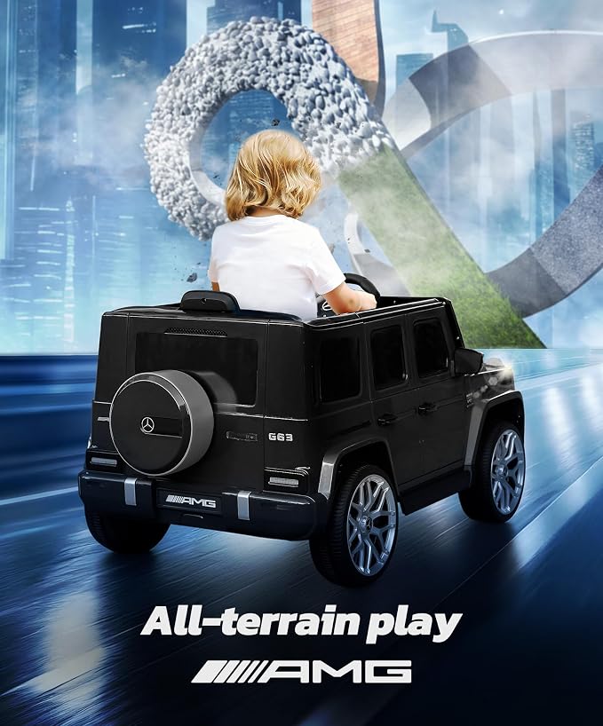 ELEMARA Licensed Mercedes-Benz AMG G63 Ride on Toys,12V Ride on Car with Remote Control,Rechargeable Battery,Flickering Lights/LED Lights, Bluetooth,Music, Soft Start, Low Battery Prompt,Dark Black