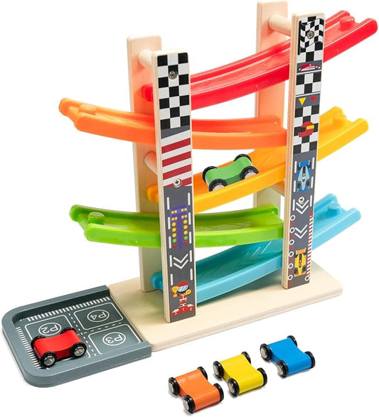 WOOD CITY Wooden Car Ramp Racer Toy Vehicle Set with 5 Mini Cars & Race Tracks, Toddler Toys Montessori Cars Toys Birthday Gift for Kids Boys and Girls