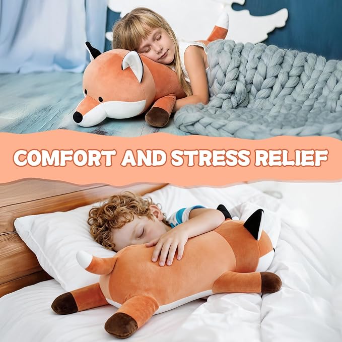 MorisMos 23.6" Red Fox Stuffed Animal, Cute Fox Plush Pillow, Fluffy Fox Pillow for Sleeping, Squishy Cuddle Buddy and Supportive Lumbar Cushion, Christmas Valentine’s Birthday Gift for Kids & Adults