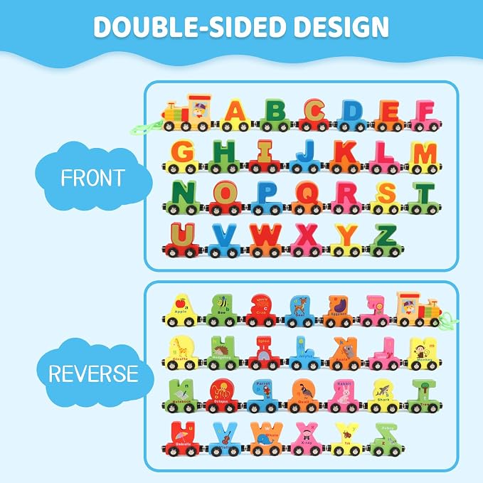 Wondertoys Wooden Alphabet Train Toy 27 PCS Magnetic Alphabet ABC Letter Train Set Includes 42 PCS Flash Cards, 1 Engine and 1 Storage Bag for Toddlers Kids Boys and Girls