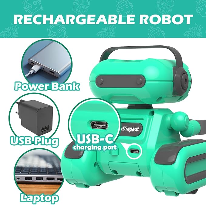 Green Rechargeable Remote Control Robot Toy for Kids Ages 3+ | Auto Demo, Recording & Repeat, Flexible Head & Arms, Rechargeable RC Robot, Great Birthday & Christmas Gift for Little Kids