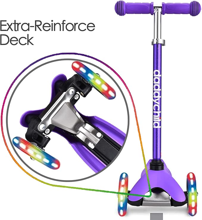 3-Wheel Kick Scooter for Kids Ages 3-8 Lean-to-Steer Toddler Scooter with Extra Wide Light Up Wheels, 4 Adjustable Heights, Foldable Scooters for Boys & Girls, Max Weight 110lbs