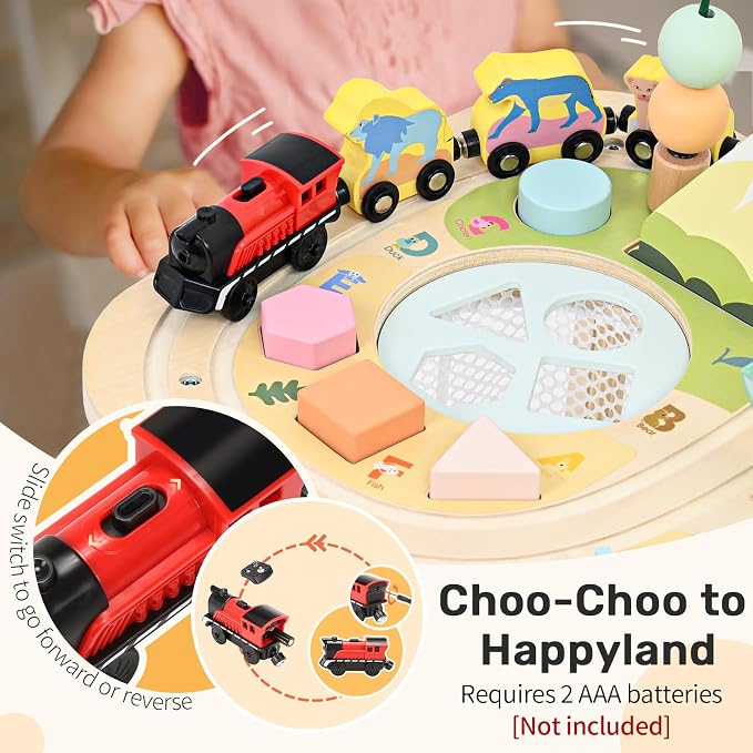 WINGYZ Activity Table for 1 Year Old Toddler, 9-in-1 Morandi-Colored Wooden Montessori Toys, Baby Play Table with Bead Maze Shape Sorter Train Toy, Educational Gifts for 12 Months+ Kids Boys Girls