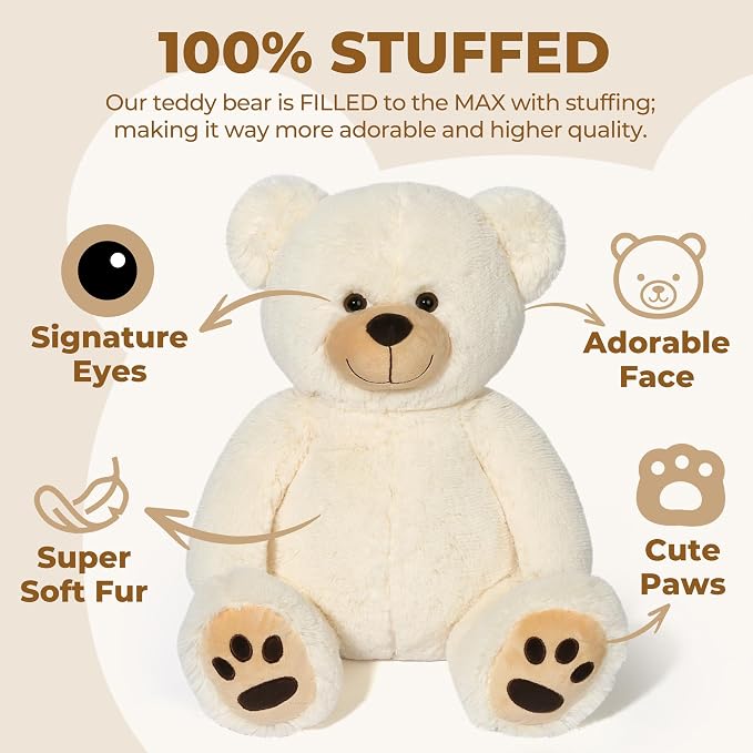 LotFancy Teddy Bear Stuffed Animals, 20 inch Soft Cuddly Cute Plushies, Plush Toys with Footprint Design, Stuffed Animals for Girls Kids Baby Toddlers, Baby Shower Easter Birthday Gift Decor, Beige
