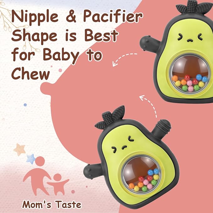 Baby Rattle Teething Toys Silicone Avocado Teething Mitten Sensory Toys for Grasping Chewing Sucking Hearing Needs-Baby Teether for Teething Relief-BPA Free Infant Toys Baby Shower Gifts (Black)