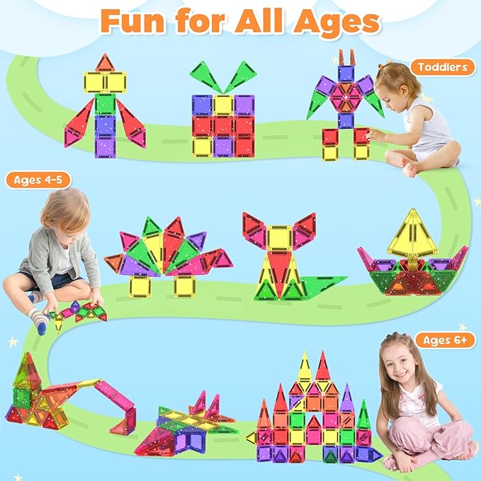 46PCS Glitter Magnetic Tiles, Mini Magnetic Tiles Travel Set with Storage Case, Portable Magnetic Blocks Building Toys for Toddlers Kids Ages 3+ Classroom Learning Toys for Boys Girls Birthday Gift