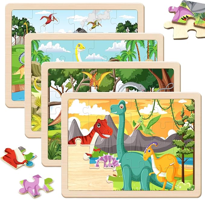 Puzzles for Kids Ages 4-6,24 Pieces Wooden Puzzles for Toddlers Ages 3-5 4-8 3 4 5 6 3-4 Year Olds.4 Pack Dinosaur Puzzle Set Children Jigsaw Puzzles for Boys and Girls Educational Learning Toys