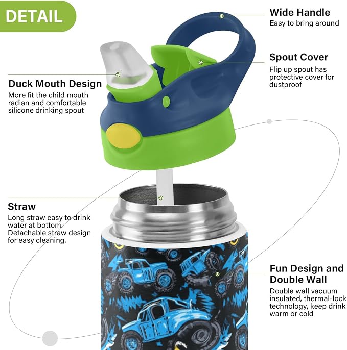 Boccsty Abstract Monster Trucks Kids Water Bottle with Straw Lid Tire Tracks Car Insulated Stainless Steel Reusable Tumbler for Boys Girls Toddlers 12 oz Green