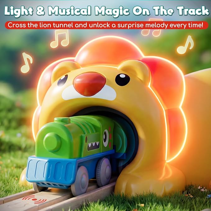 Lehoo Castle Wooden Train Set - Train Track Set with Battery-Operated Dinosaur Train, Lion Tunnel Lights & Sounds, Train Toy Birthday Gift for Boys & Girls Ages 3-7