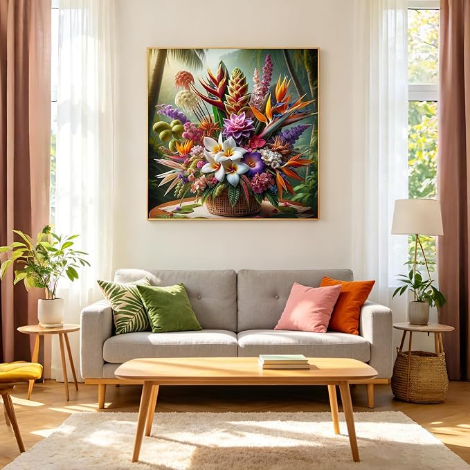Tropical Flower Bouquet Diamond Painting Kit for Adults, Plumeria Jungle Floral, 5D Full Round Drill Diamond Art Beginners Canvas for Home Wall Decor, DIY Paint by Diamonds Dot Gem Craft13.8x13.8 Inch