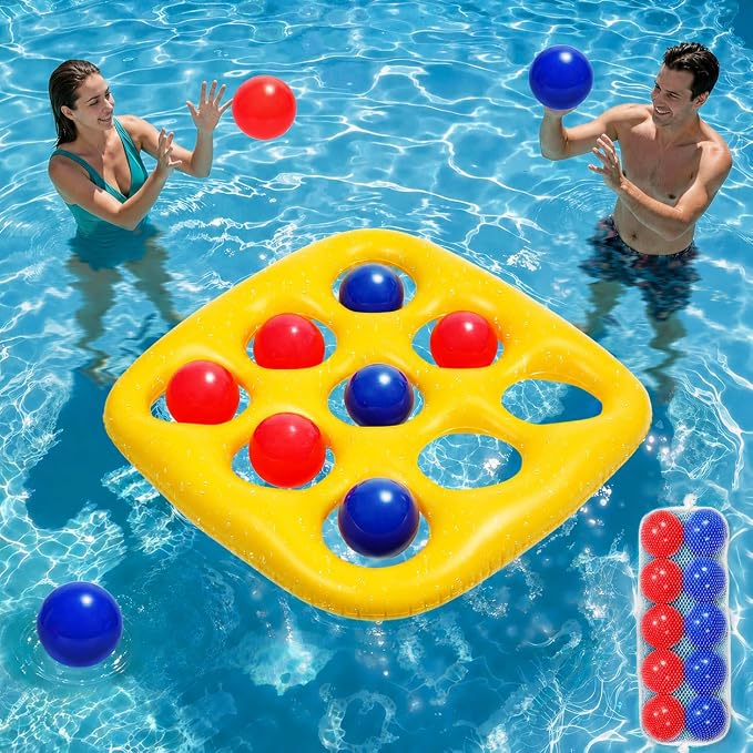 Pool Toys Games Set- Tic-Tac-Toe Inflatable PoolToy with 10 Balls Fun Summer Pool Party Beach Lawn Camping Party Float Game Water Ball Toys for AdultsTeens Kids 2-10 Players