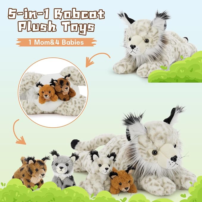 Muiteiur 5 Piece Lynx Stuffed Animals, Soft Bobcat Stuffed Animals with Babies,18-inch Cute Plush Toy for Kids Girls Boys, Fun Gift for Birthday Children Day (White)