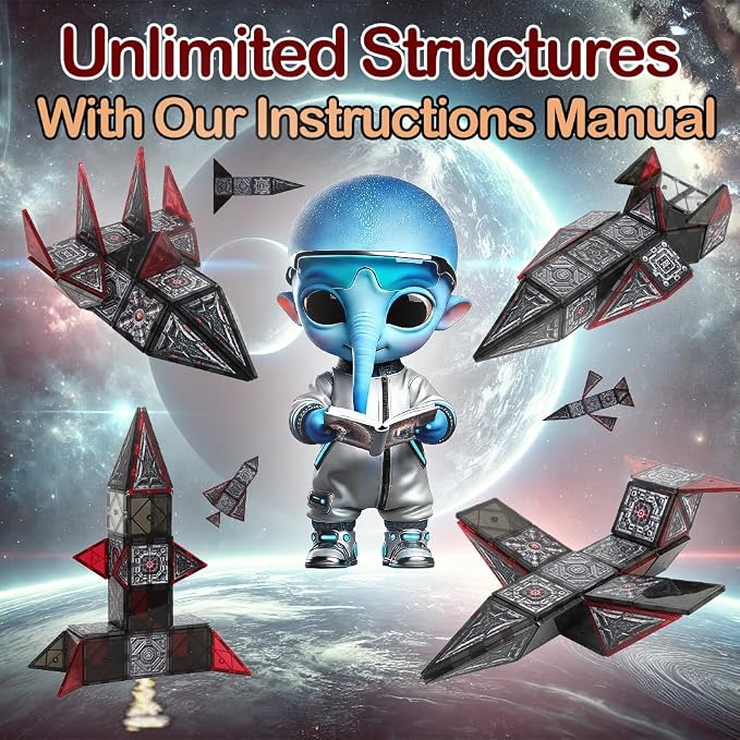 Little Pi Space Battleship Magnetic Tiles 48 PCS | Magnetic Blocks for Star Inspired Galactic Building | STEM Toys for Kids Age 3 4 5 6 7 8