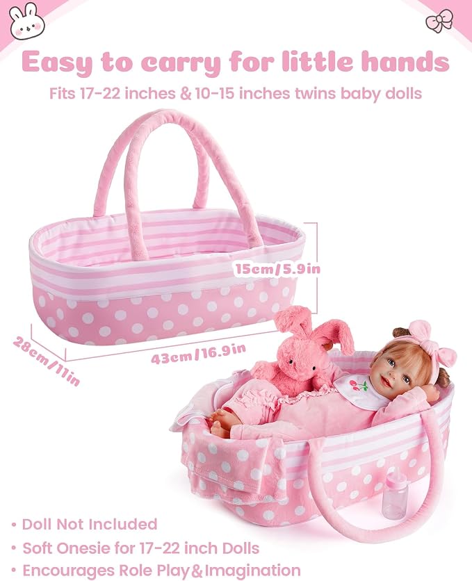 BABESIDE 8 PCS Baby Doll Accessories Set for 17-22 Inch Dolls, Doll Clothes Outfit with Bassinet, Bunny Toy, Bottle, Diaper & Bib