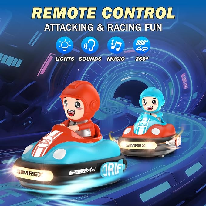SIMREX 2-Player RC Bumper Cars Set for Kids 3+— Remote Control Battle Cars with LED Lights, Music & Sound, Indoor Play & Party Gift Toys for Boys & Girls