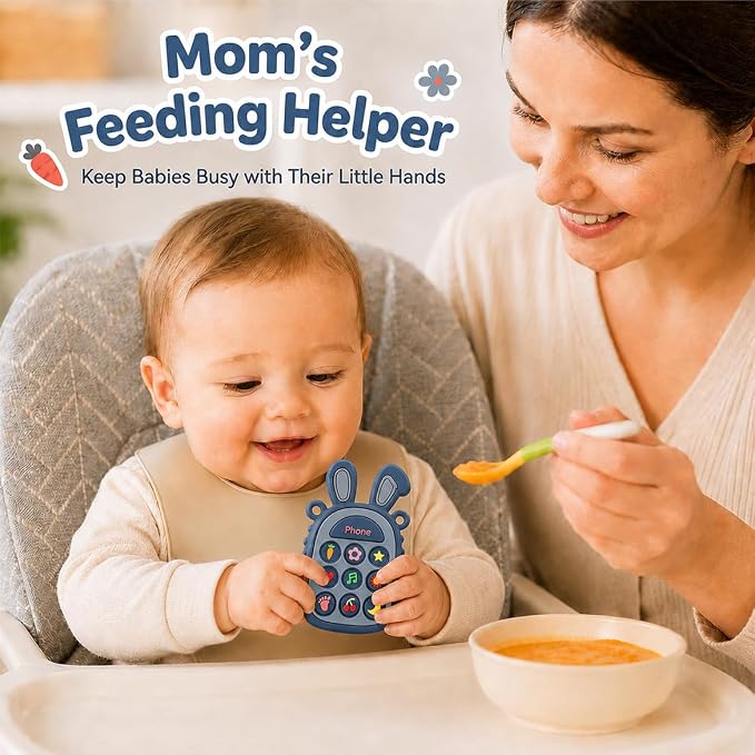 Press Phone Teether for Baby Girls, Soft Silicone Teething Toy, Sensory Toy | Teething Relief, BPA-free, Freezer, for Baby 3 Months+, Cute Rabbit Design with Textures and 9 Patterns, Press & Pop for Fun!