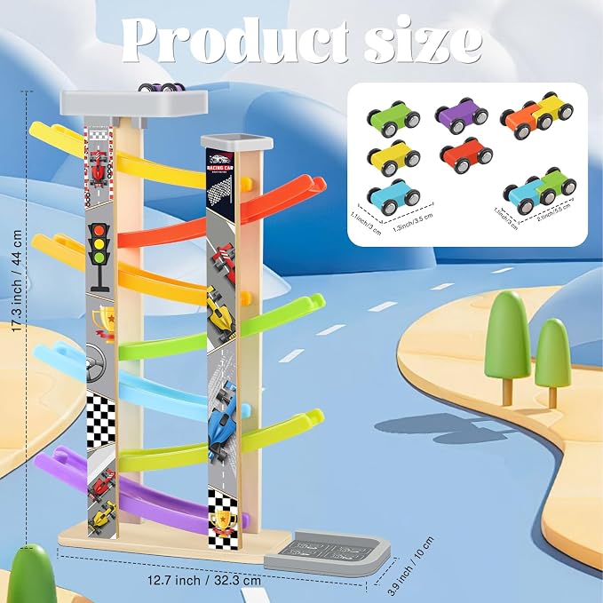 Wooden Car Ramp Toy Set, Montessori Ramp Set Includes 7 Mini Cars and Track — Educational Gift for Boys and Girls 3+ Years Old
