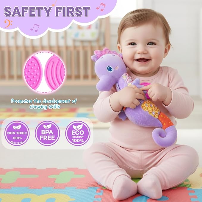 Baby Toys 0-6 Months,Infant Musical Seahorse Stuffed Animals Sensory Toys with Bright Colors,Multiple Textures,Rattles & Crinkle Sound Paper,Tummy Time Toy for Newborn Boys Girls 0-12 Months-Purple
