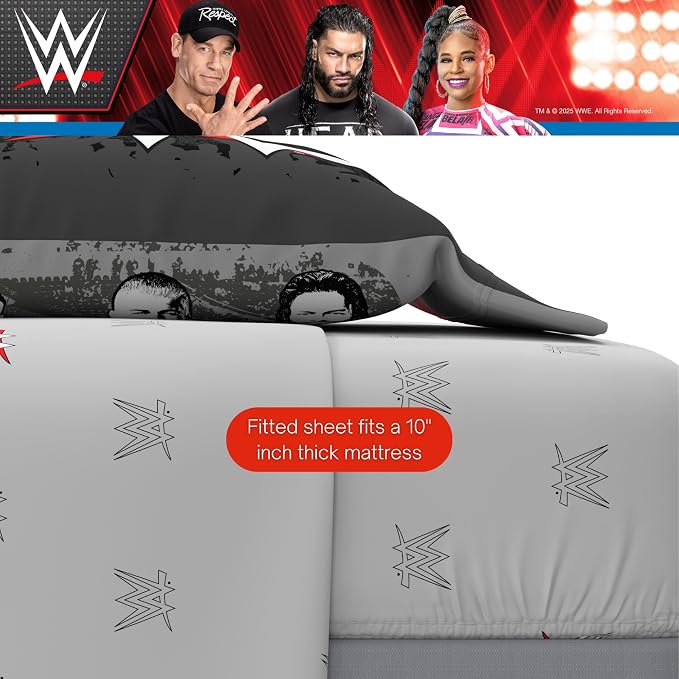 WWE Wrestling Bedding Set, Full Size 7 Piece Set Super Soft Cozy Reversible Comforter and Sheet Set with Sham, (100% Officially Licensed Product) by Franco