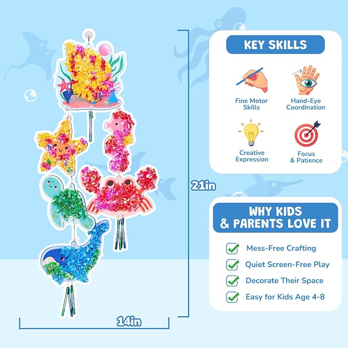 JoyCat Poke-in Wind Chime Craft Kit for Kids, 3D Sea Creature DIY Set with Audible Wind Chime Pieces, 6 EVA Ocean Figures, Mess-Free Creative Activity, Arts and Crafts & Birthday Gift for Kids Age 3+