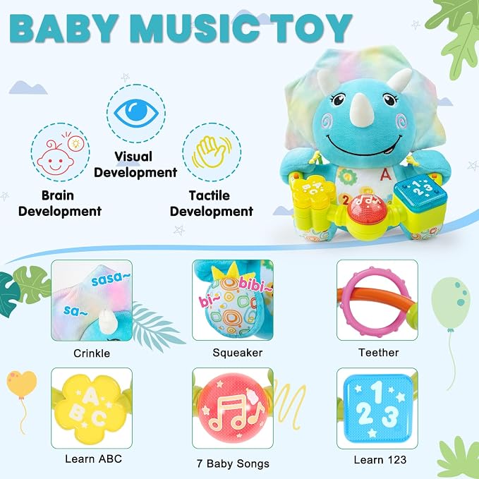 Ryotagift Baby Bilingual Musical Dinosaur Stuffed Animals Toys,Infant Early Learning Toy with Light-Up Music & Crinkle,Tummy Time Toys for 0 3 6 9 12+ Months for Baby Boy Girl Gift