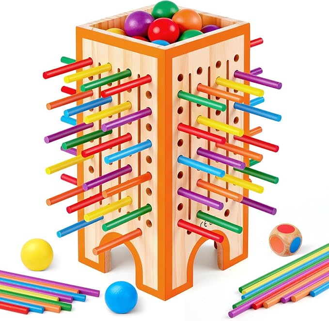 Montessori Board Game for Kids 4-6, 42 Colorful Wooden Sticks Dice Game with 12 Balls, Math & Counting Educational Toy for 3 4 5 6 Year Olds, Fine Motor Skills, Classic Table Game for Family Night