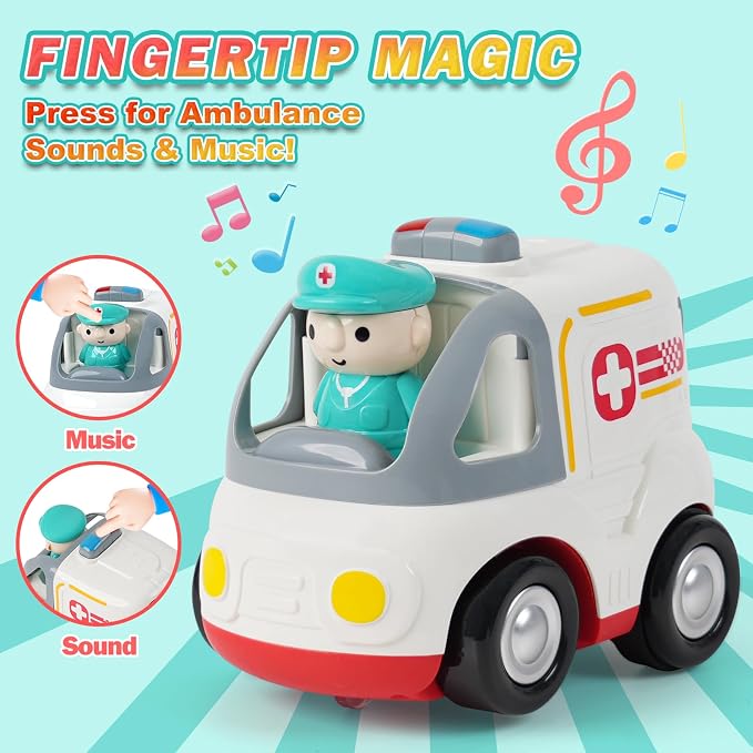 Remote Control Car for Kids - Cartoon RC Ambulance Toy for Toddlers 18+ Months, Ages 2 3 4 5 Years Old, Birthday Gifts for Boys with Lights & Sounds & Music