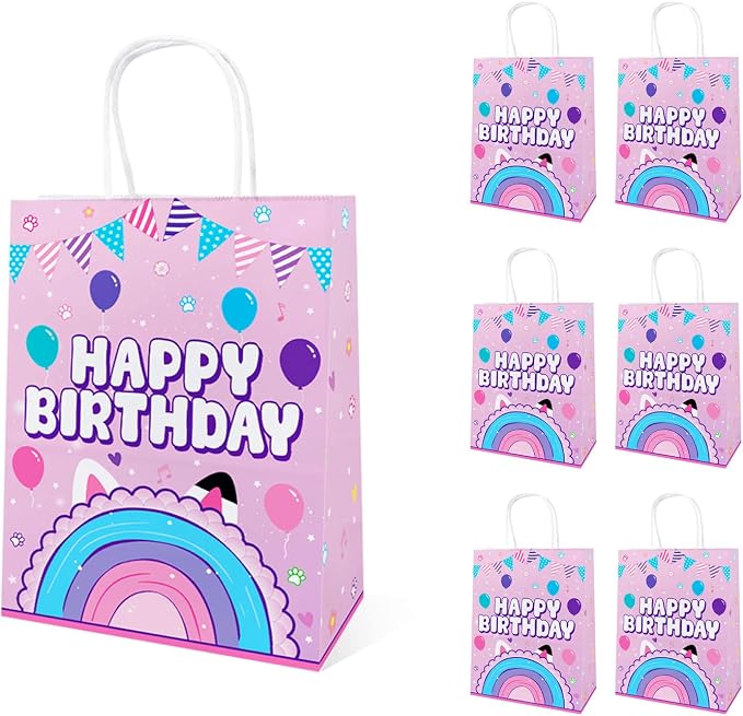 16PCS Dollhouse Gift Bags for Girls Kids Birthday 1st 2nd 3rd Cute Cat Themed Party Decorations Cartoon Cat Party Supplies Gifts Candy Paper Bags with Handles