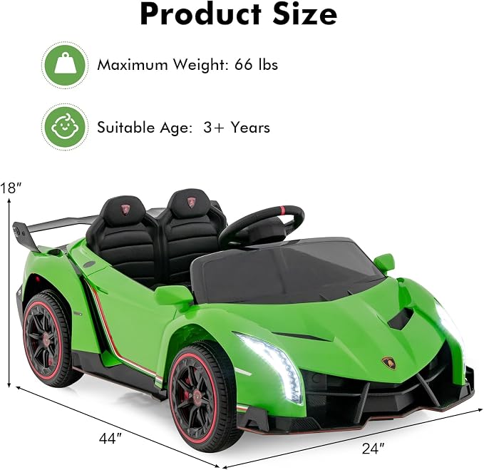 INFANS 2 Seater Kids Ride on Car, 12V 4WD Licensed Lamborghini Veneno Powered Electric Vehicle with Hydraulic Doors, Rocking Mode, Adjustable Speeds, Remote Control, MP3, Headlight (Green)
