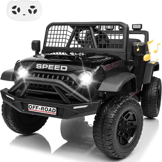 24V Je-ep Powered Wheels w/Remote Control, 4WD Ride on Truck Car, 3 Speed, Bluetooth Music, Wide Seat, Spring Suspension, LED Light, Birthday for Boys Girls Toddler(Black)
