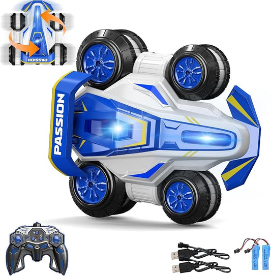 2-in-1 RC Stunt Racing Car, Blue, 360° Spins, Anti-Gravity Mode, Side Wheelie, Standing Drift, LED Lights, for Kids Ages 4+