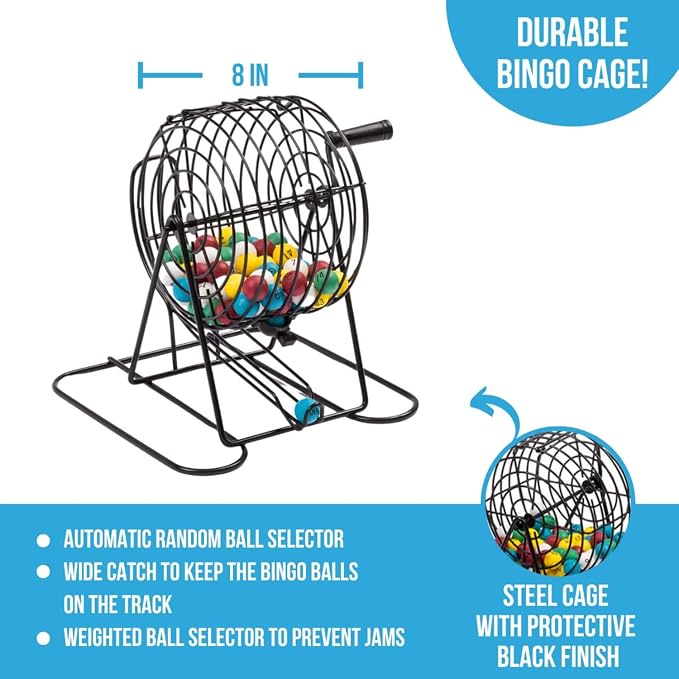 Regal Bingo Deluxe Game Set for Adults and Kids - Includes 8 Inch Wheel Cage, 75 Balls, Master Board, 50 Cards and Colorful Chips - Fun Family Game Night