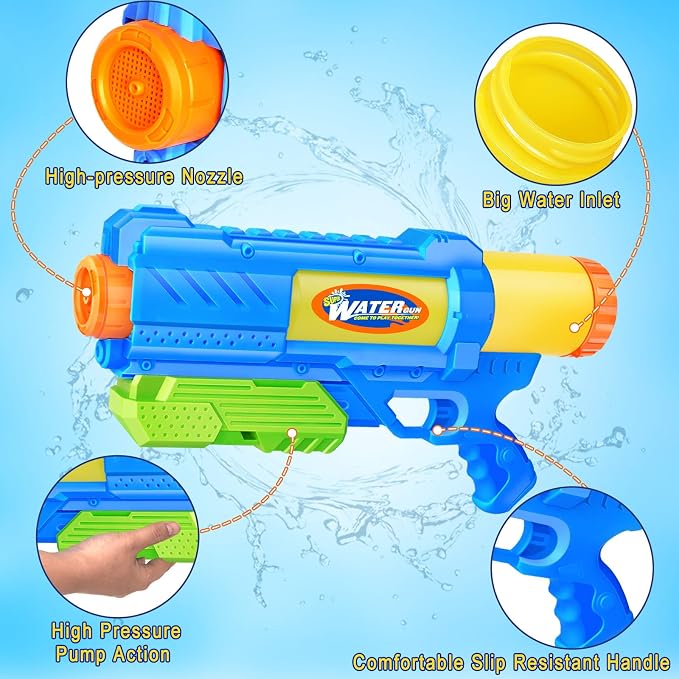Super Water Gun for Kids Adults: 2 Pack - 1200CC Water Toy Gun Squirt Blaster Soaker Long Range High Capacity Swimming Pool Beach Outdoor Summer Fun Party Games, Gifts for Boys and Girls Blue Green