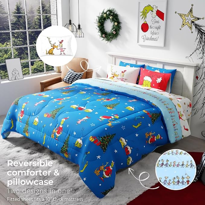 Grinch by Dr. Seuss Holiday & Christmas Bedding Super Soft Comforter and Sheet Set with Sham, 7 Piece King Size (Official Dr. Seuss Product) By Franco
