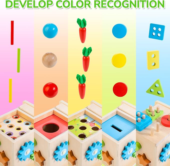 JUSTWOOD Montessori Toys for 1+ Year Old, 8-in-1 Wooden Play Kit Includes Object Permanent Box, Learning Activity Cube, Sorting & Stacking Toy, Carrot Harvest Game, Gift for Boys Girls Age 12+ Months