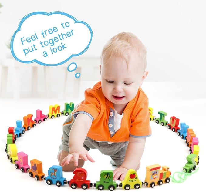Wondertoys Wooden Alphabet Train Toy 27 PCS Magnetic Alphabet ABC Letter Train Set Includes 42 PCS Flash Cards, 1 Engine and 1 Storage Bag for Toddlers Kids Boys and Girls