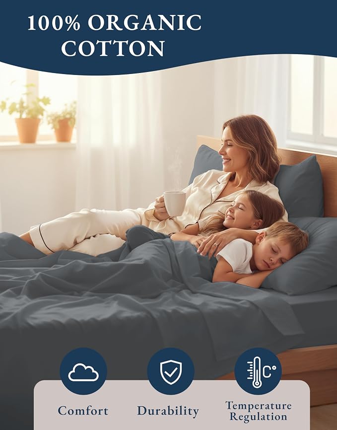LANE LINEN King Size Sheets 100% Organic Cotton Percale Cooling - Charcoal | King Sheets In GOTS Certified Organic Cotton Percale - All-Season Comfort, For Master Bedrooms, Crisp Hotel-Style Feel