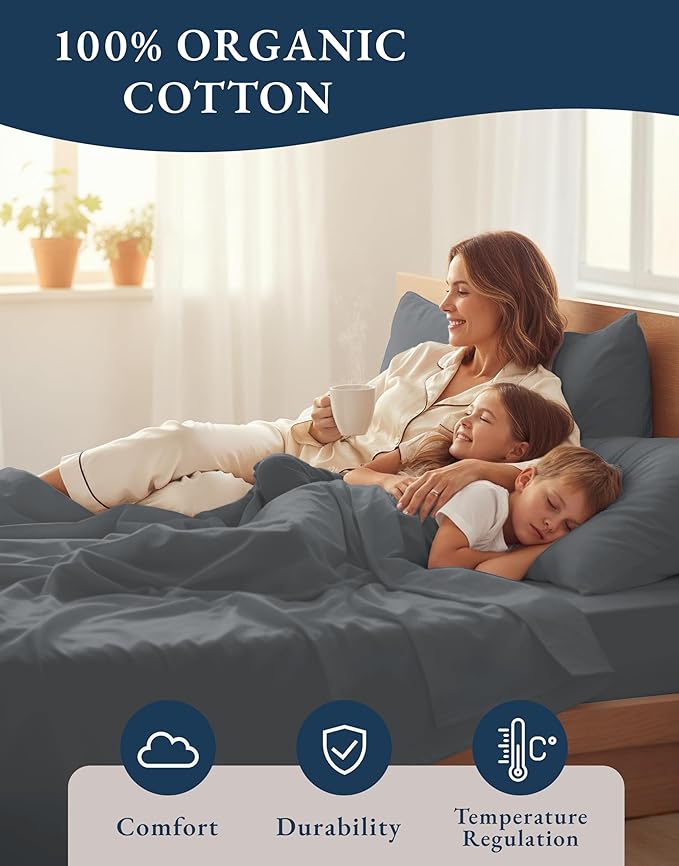 LANE LINEN Twin XL Sheet Set 100% Organic Cotton Cooling Soft - Charcoal | Twin XL Sheet Set, GOTS Certified Organic Cotton Percale - Crisp Hotel-Style Feel, Soft From The First Wash, For Hot Sleepers