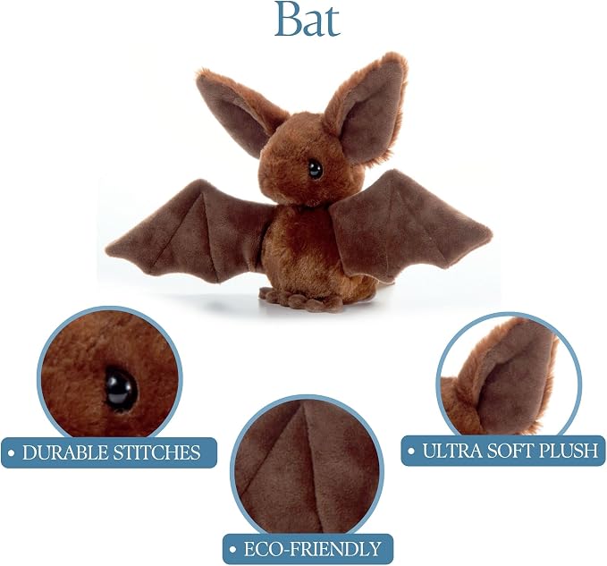 The Petting Zoo Bat Stuffed Animal Plushie, Gifts for Kids, Scoopz Wildlife Animals, Brown Bat Plush Toy 8 Inches
