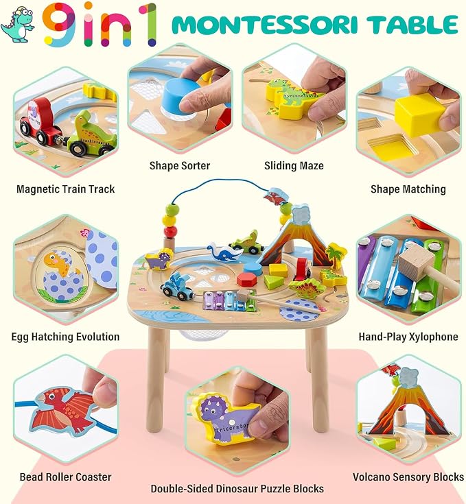 Montessori Activity Table for 1 Year Old, 9-in-1 Wooden Activity Table with Adjustable Height, Train, Shape Sorter, Xylophone, Baby Sensory Educational Learning Toys, Birthday Gift (Dinosaur)