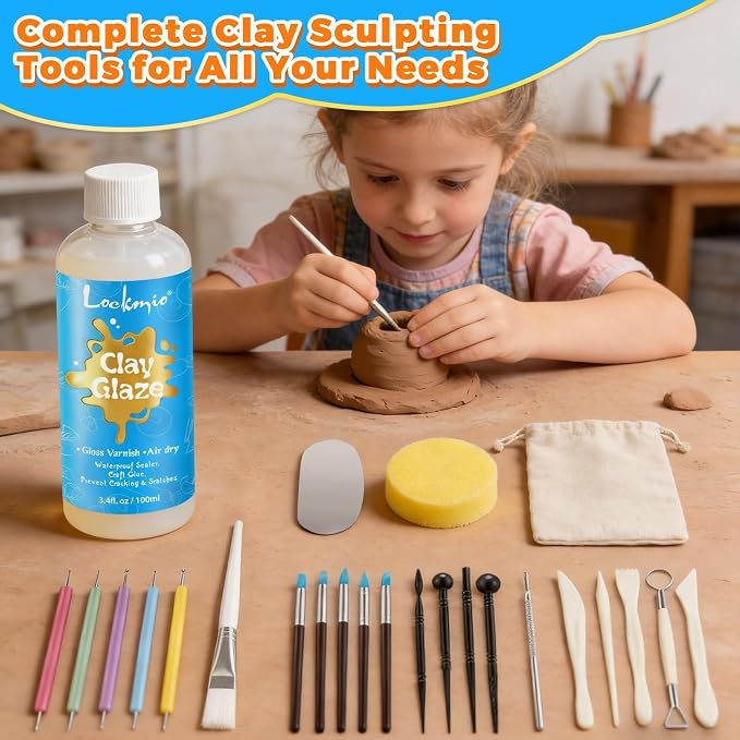 3.4FL OZ Air Dry Clay Glaze & 25pcs Tool Kit, Gloss Clay Varnish Protective Sealant to Prevent Cracking, Scratching & Wear - Pottery Tools for Stippling, Carving, Molding & Shaping Clay Crafts (Gloss)