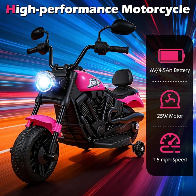 Costzon Kids Motorcycle, 6V Chopper Motorbike Ride on Toy with Headlight, Music, Training Wheels, Electric Toddler Motorcycle for Kids Boys Girls, Gift (Pink, 31" x 23" x 22"(L x W x H))